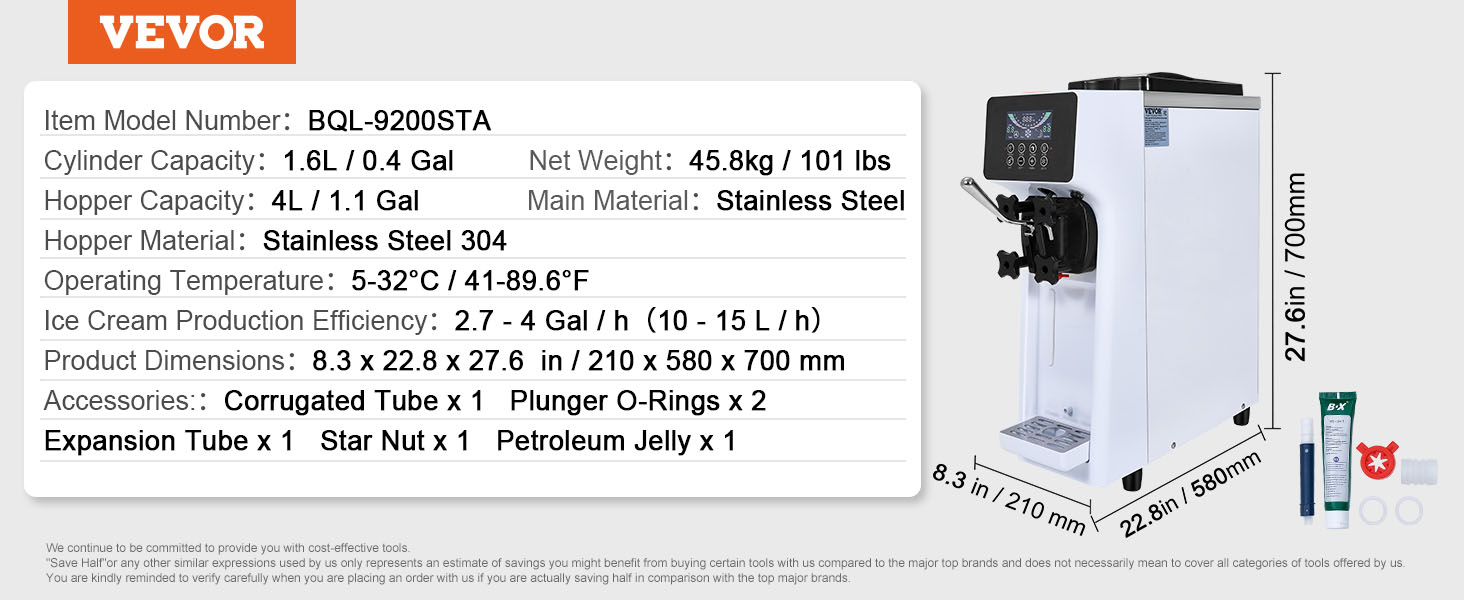 VEVOR commercial ice cream machine details: stainless steel, 1.6l cylinder, 4l hopper, 27.6in height, accessories.