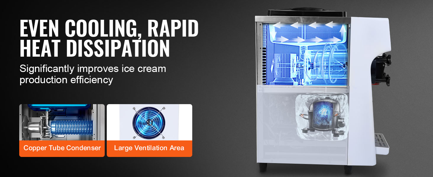 VEVOR commercial ice cream machine showcasing even cooling, rapid heat dissipation, and quiet operation.