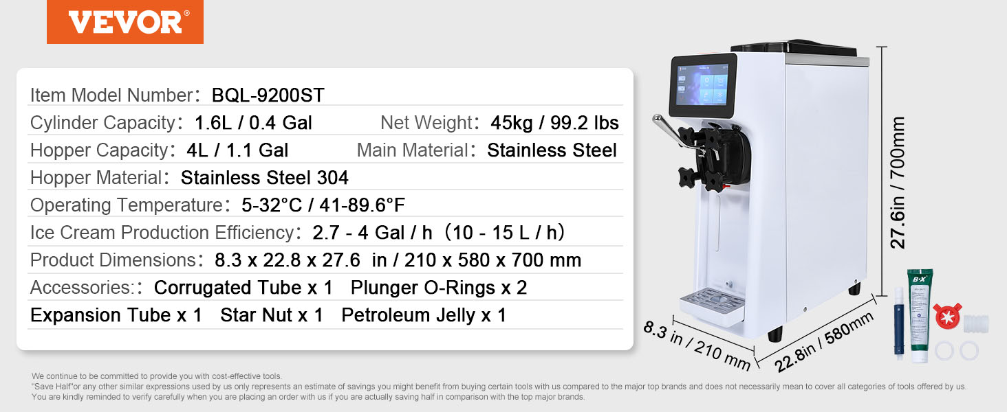 VEVOR commercial ice cream machine bql-9200st, 1.6l capacity, stainless steel, 45kg, ≤ 60 db noise.