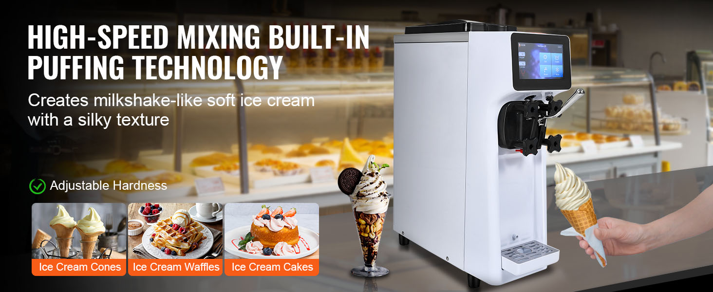 VEVOR commercial ice cream machine with high-speed mixing and adjustable hardness for soft serve.