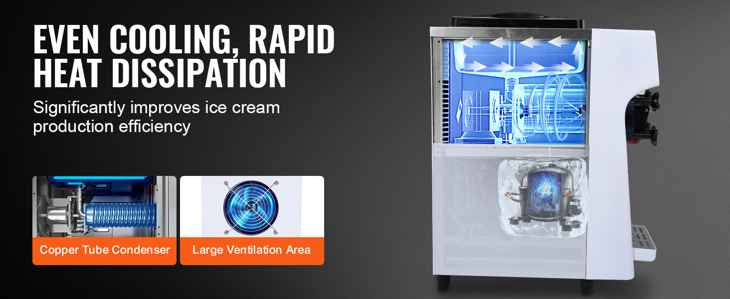 even cooling and rapid heat dissipation in VEVOR commercial ice cream machine, low noise, efficient.