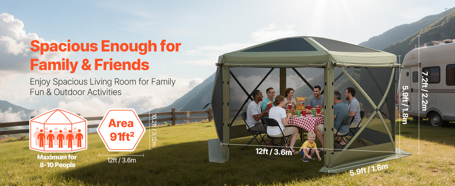 Vevor Großer Pop-Up-Pavillon 6-seitig 3,6×3,6m Abnehmbares Dach 8–10 Personen Pop Up Gazebo Tent A100 1.14w