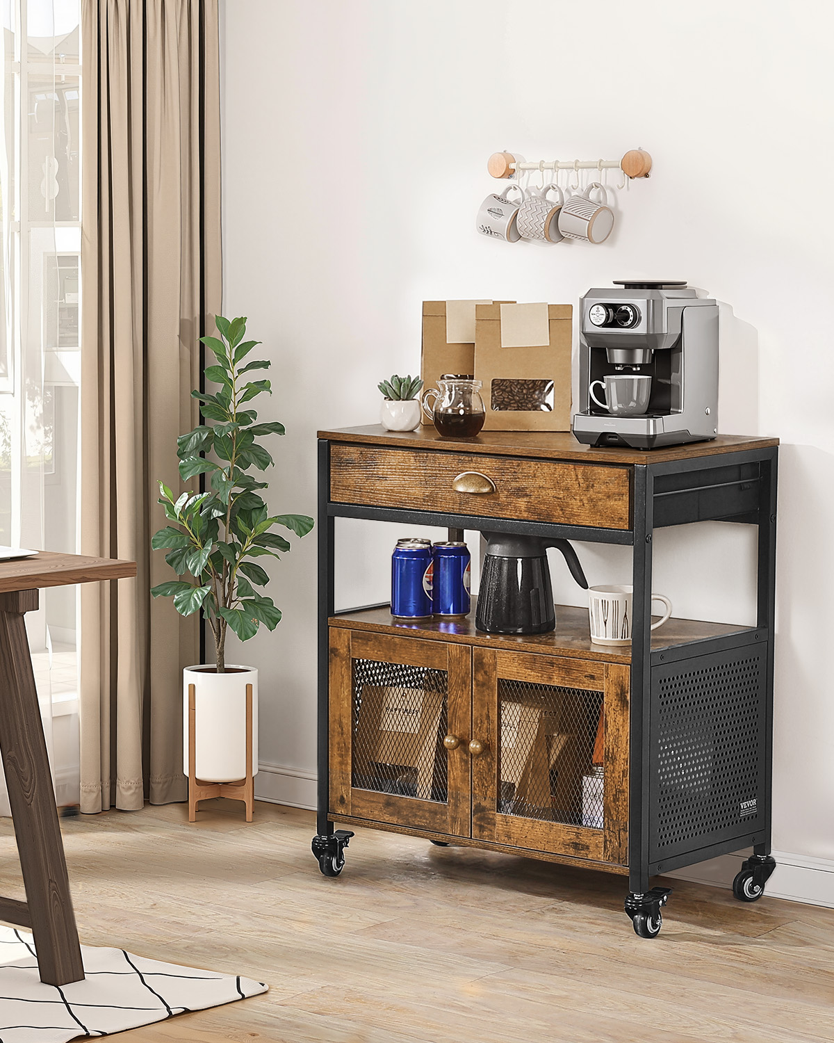 Coffee Bar Cabinet 4/3-Tier Movable Coffee Bar Table with Mesh/Magnet/Barn Doors