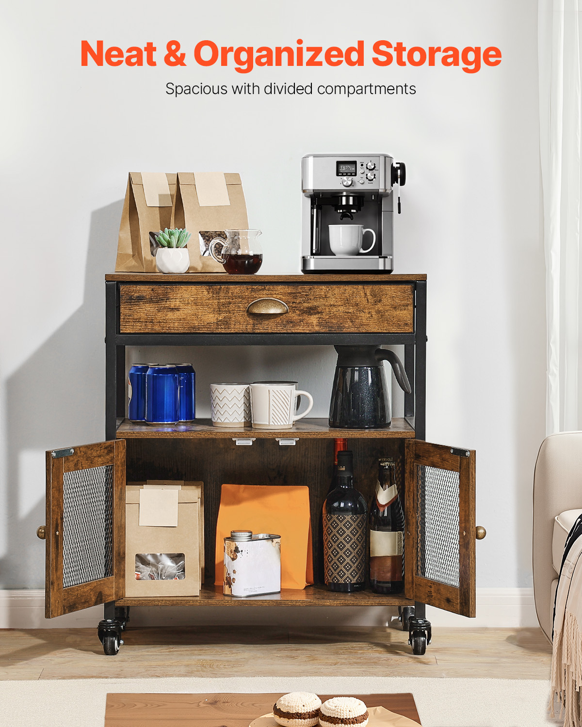 Coffee Bar Cabinet 4/3-Tier Movable Coffee Bar Table with Mesh/Magnet/Barn Doors