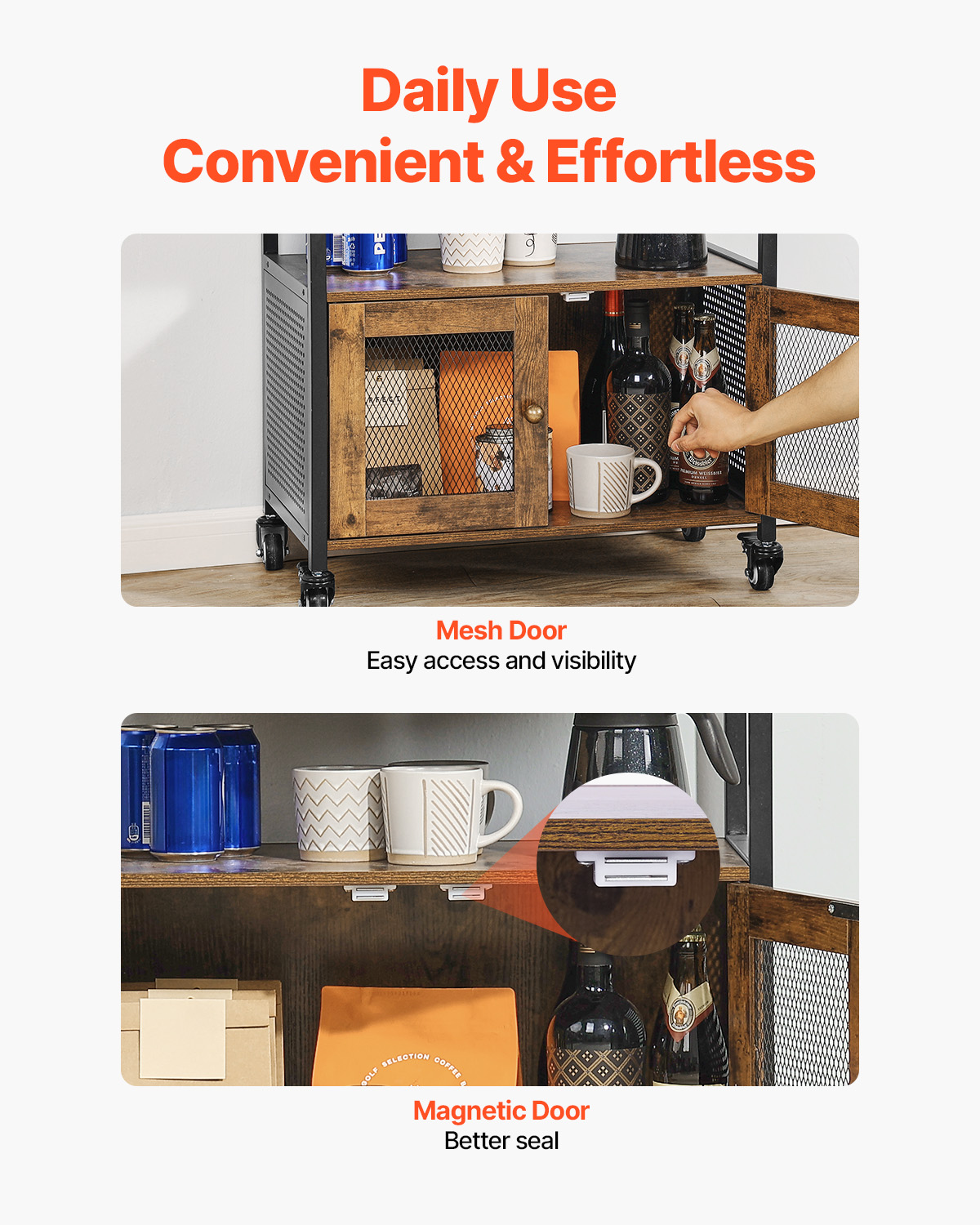 Coffee Bar Cabinet 4/3-Tier Movable Coffee Bar Table with Mesh/Magnet/Barn Doors