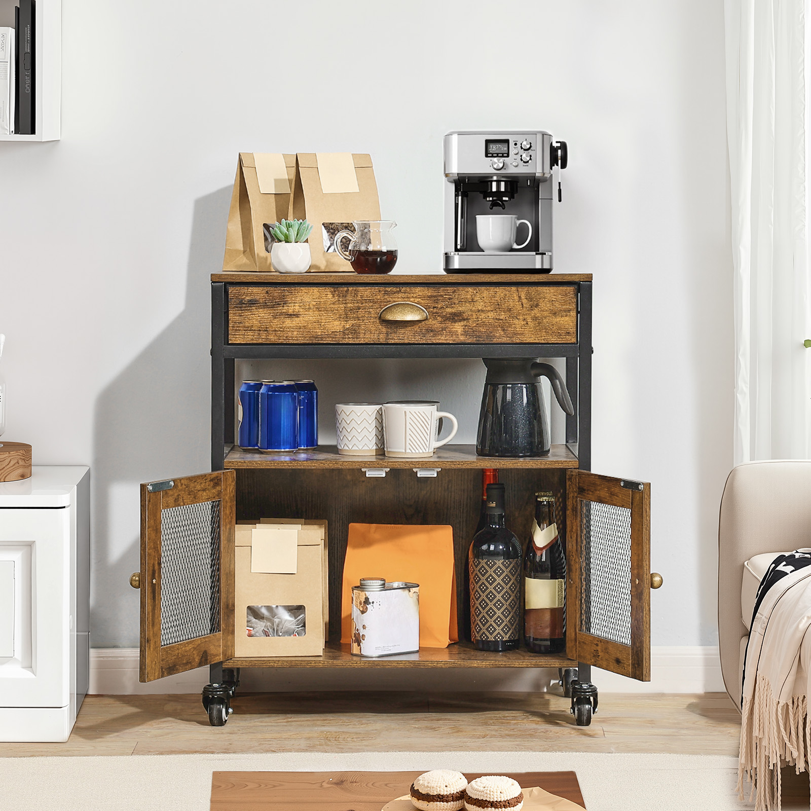 Coffee Bar Cabinet 4/3-Tier Movable Coffee Bar Table with Mesh/Magnet/Barn Doors