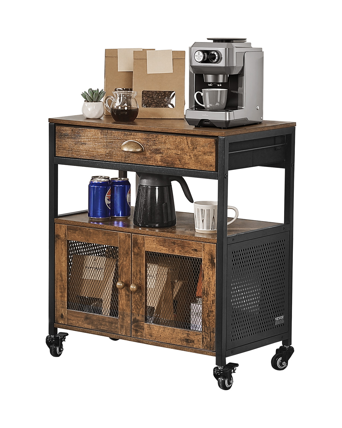 Coffee Bar Cabinet 4/3-Tier Movable Coffee Bar Table with Mesh/Magnet/Barn Doors