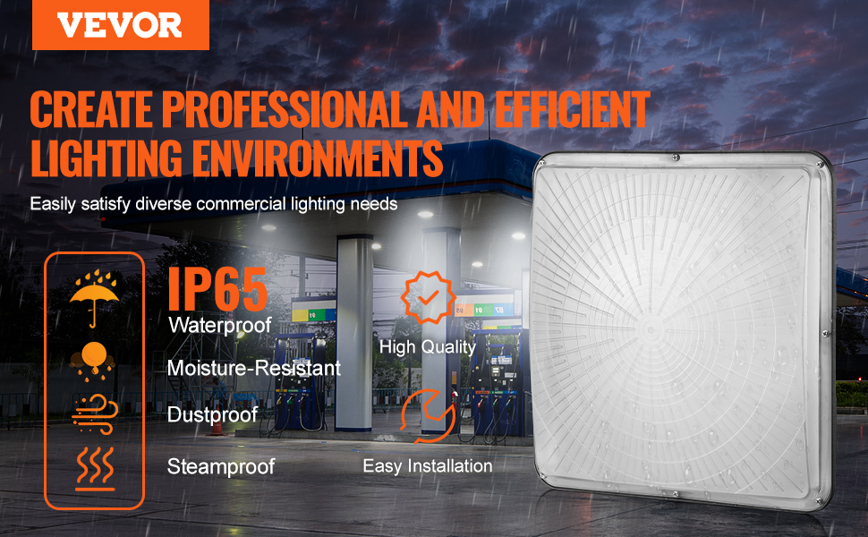 VEVOR led canopy light, ip65 waterproof, moisture-resistant, and dustproof for efficient commercial lighting.
