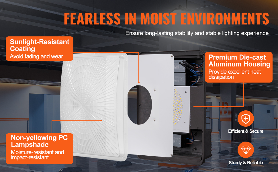 VEVOR led canopy light with sunlight-resistant coating, non-yellowing pc lampshade, and premium housing.