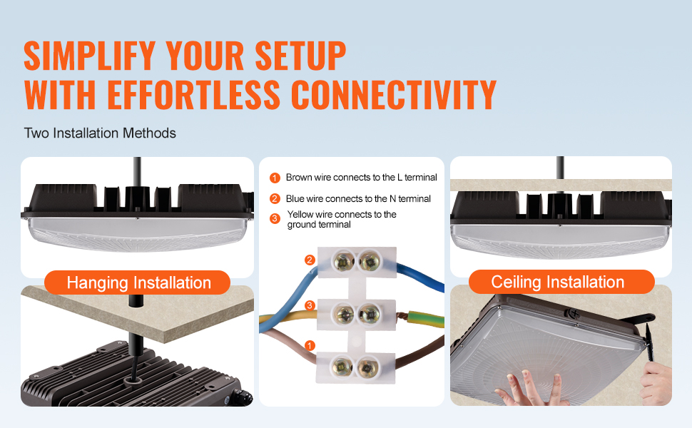 simplify installation of VEVOR led canopy light with hanging and ceiling mounting options.