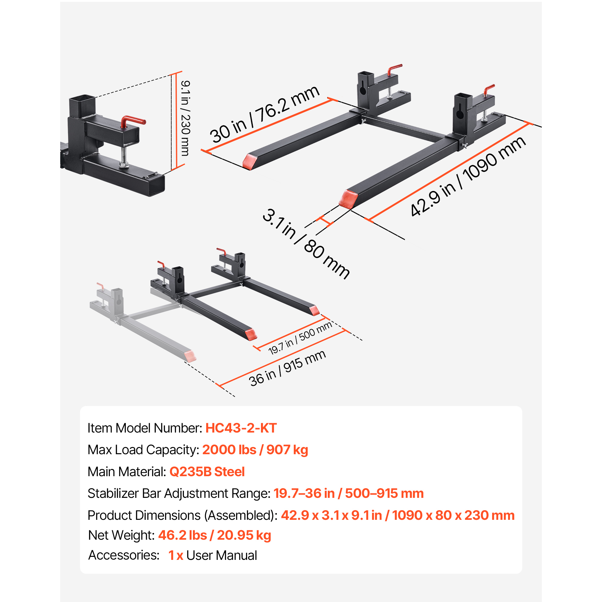 Uimoso 2000/4000 lbs Clamp on Pallet Forks for Tractors 43"/60" bucket forks