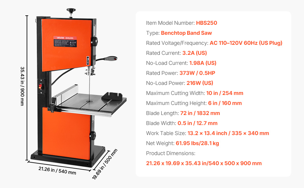 Bandsäge Holz 254 mm Tischbandsäge 373 W 2-Gang Gusseisentisch LED Gehrungsanschlag Band Saw A100 1.11 Pt