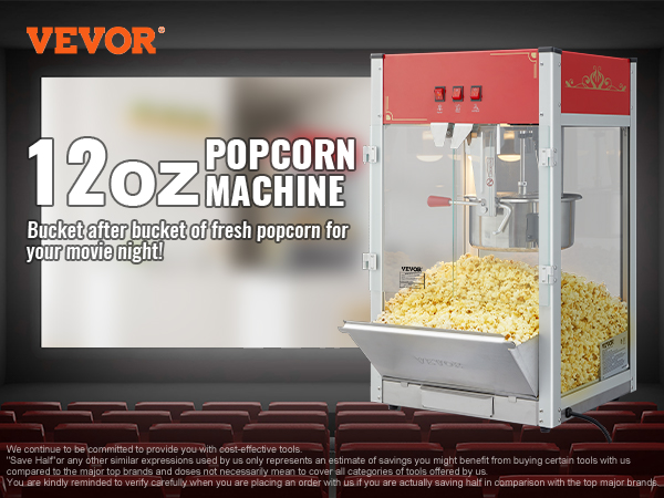 VEVOR Commercial Popcorn Machine, 12 Oz Kettle, 1440 W Countertop Popcorn  Maker for 80 Cups per Batch, Theater Style Popper with 3-Switch Control