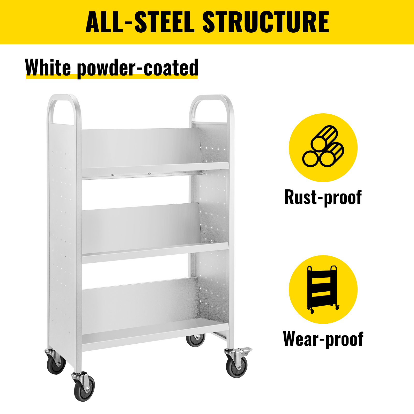 Book Cart Library Cart 200lb Capacity w/ V-Shaped Shelves in White 