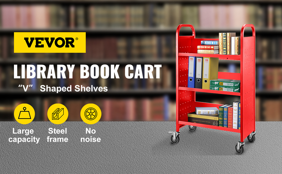 Book Cart Library Cart 200lb with Single Sided V-Shaped Sloped Shelves in Red 