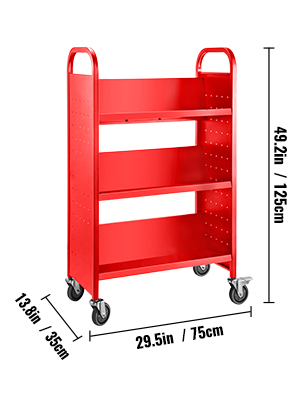 Book Cart Library Cart 200lb with Single Sided V-Shaped Sloped Shelves in Red 