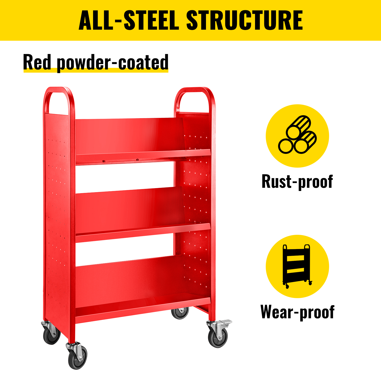 Book Cart Library Cart 200lb with Single Sided V-Shaped Sloped Shelves in Red 