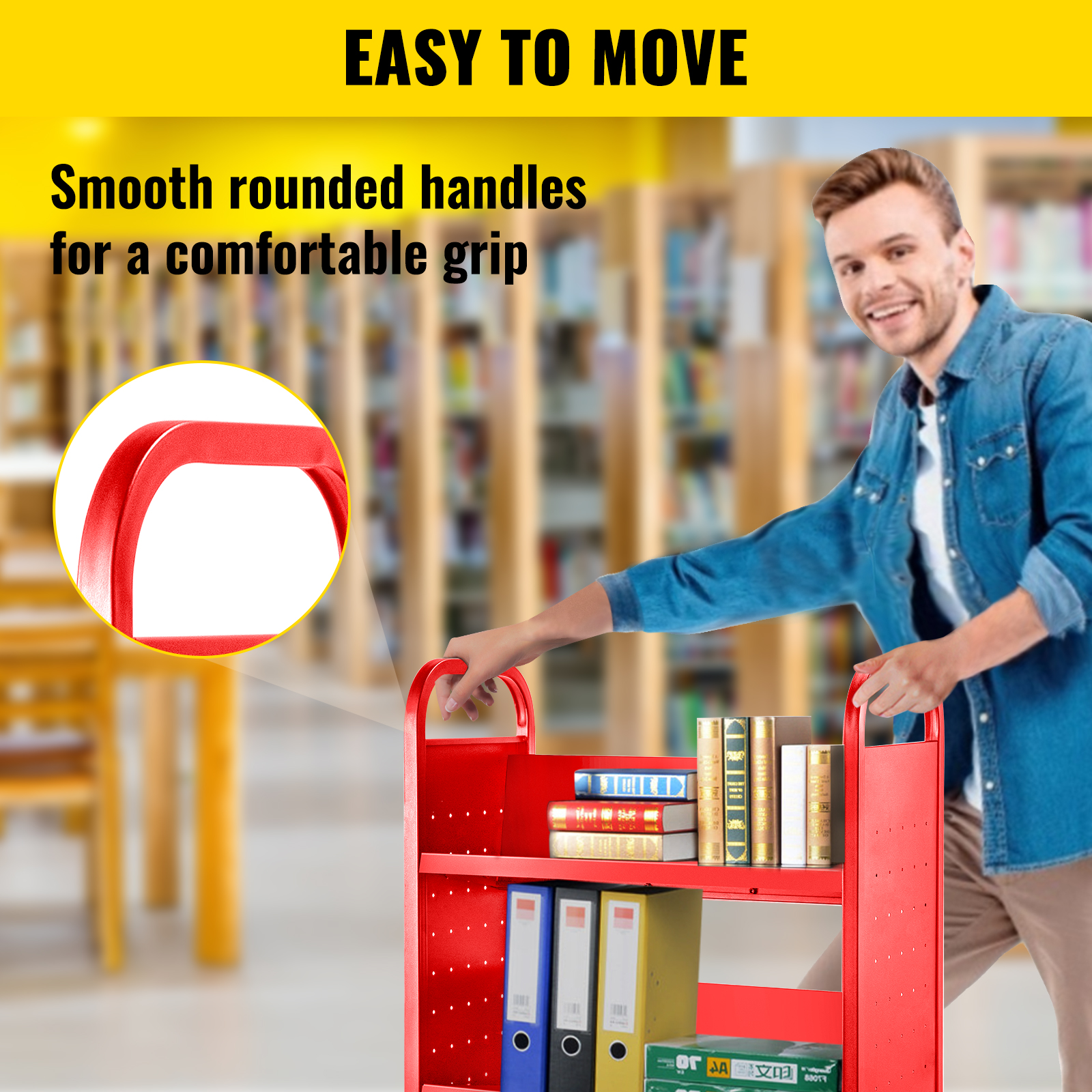 Book Cart Library Cart 200lb with Single Sided V-Shaped Sloped Shelves in Red 