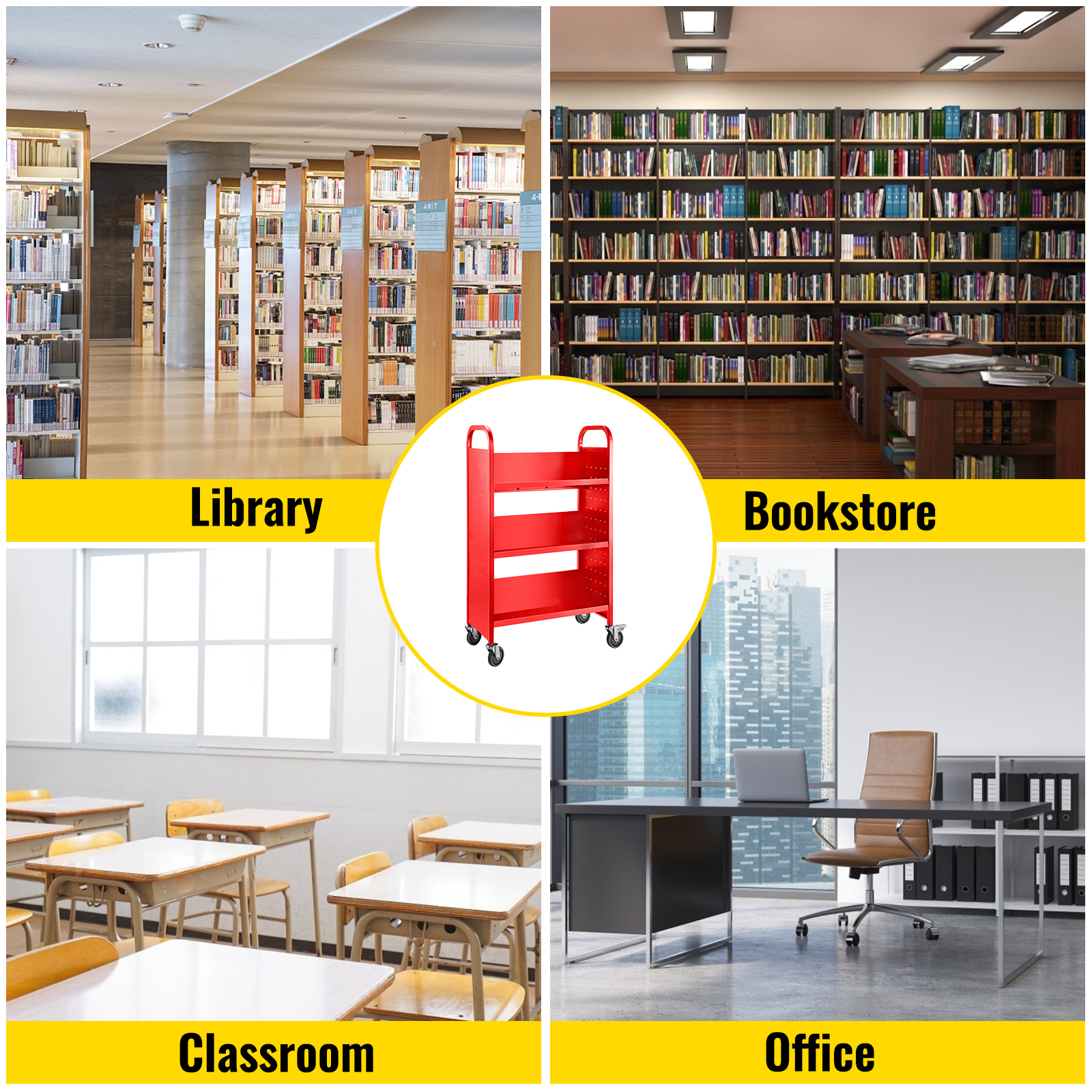Book Cart Library Cart 200lb with Single Sided V-Shaped Sloped Shelves in Red 