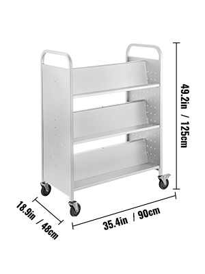 Book Cart Library Cart 200lb with Double Sided W-Shaped Sloped Shelves in White 