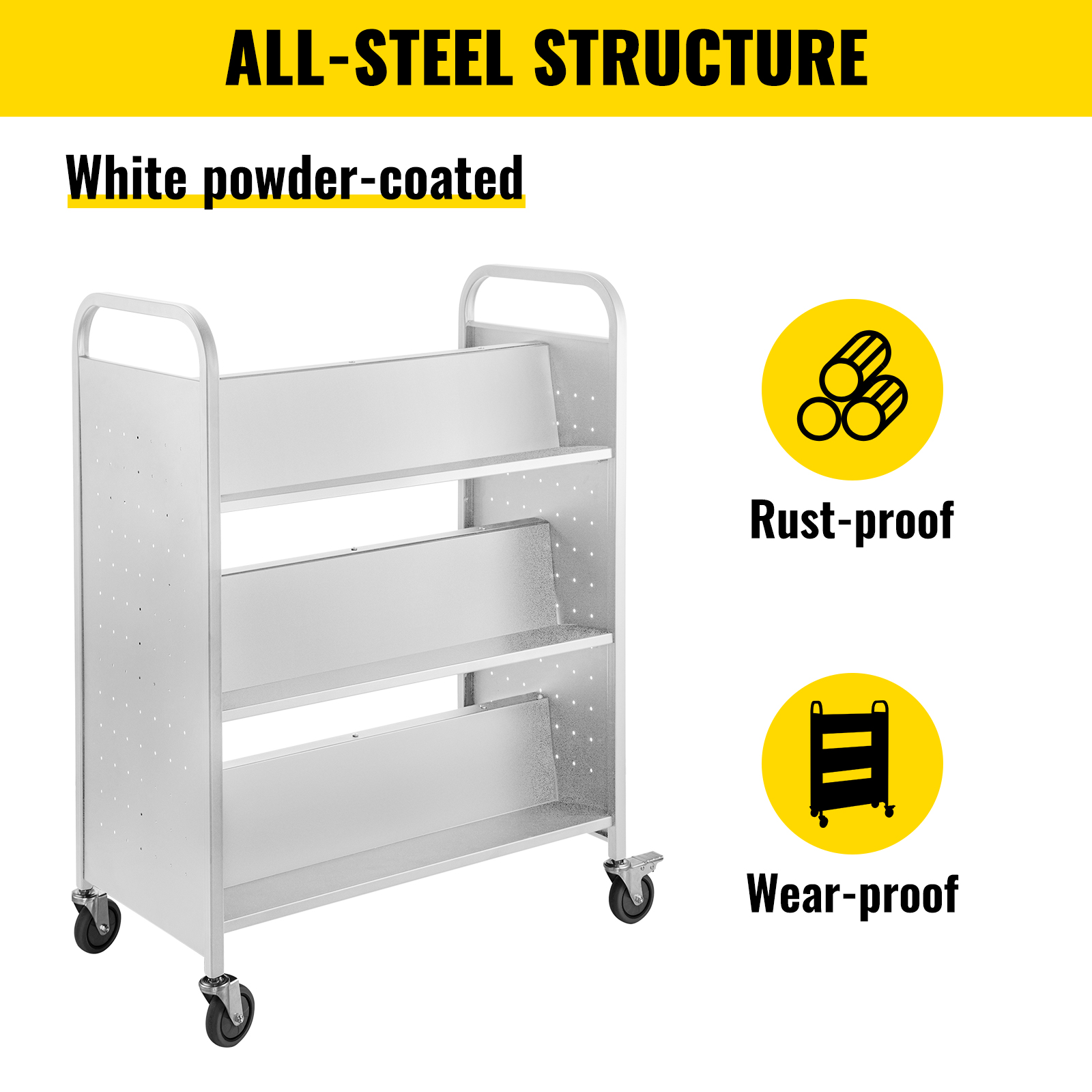 Book Cart Library Cart 200lb with Double Sided W-Shaped Sloped Shelves in White 