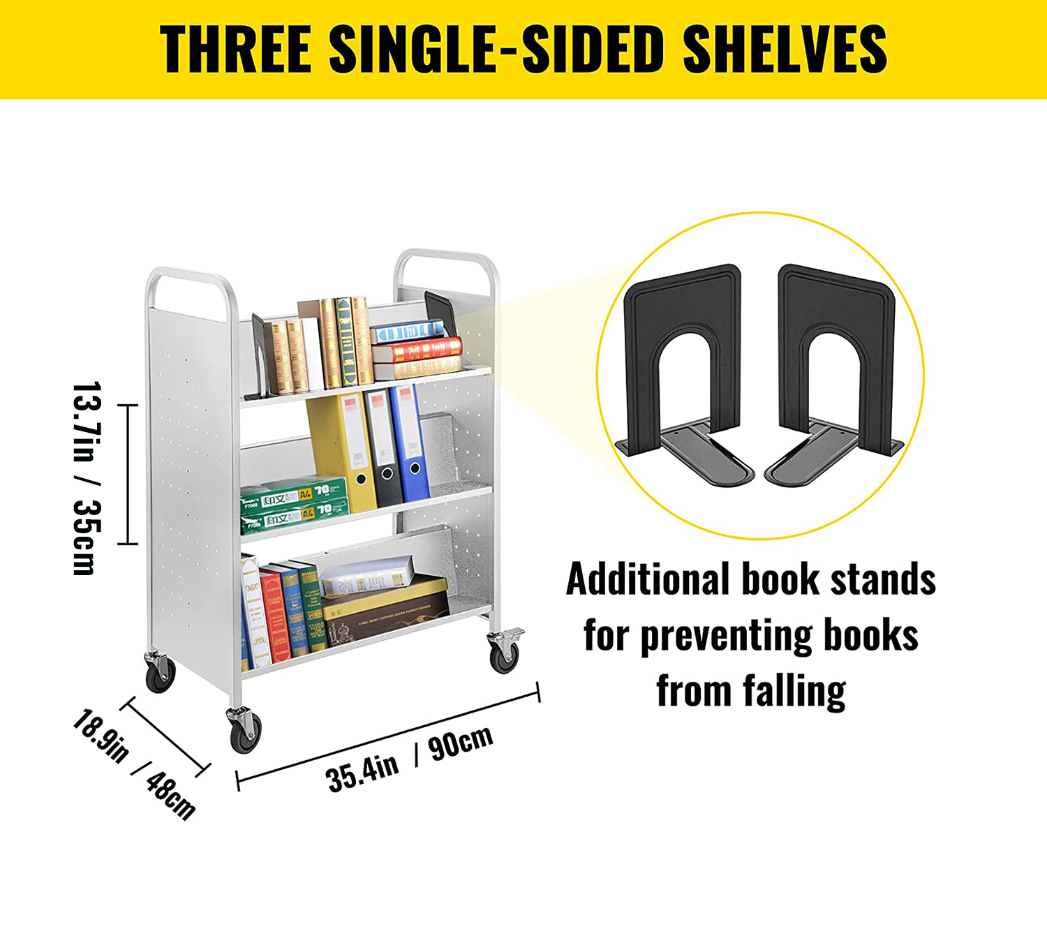 Book Cart Library Cart 200lb with Double Sided W-Shaped Sloped Shelves in White 