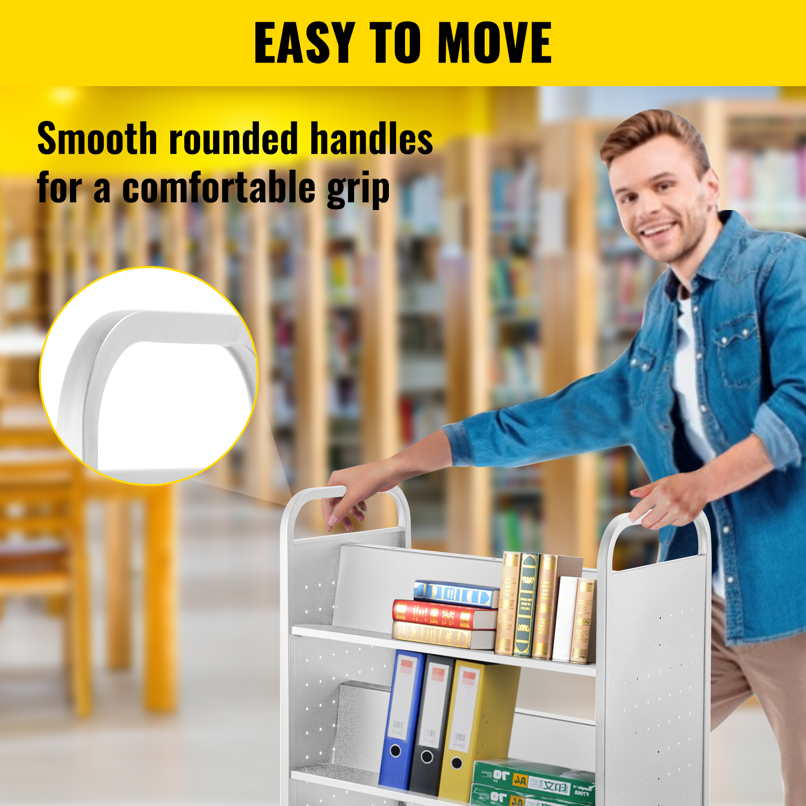 Book Cart Library Cart 200lb with Double Sided W-Shaped Sloped Shelves in White 