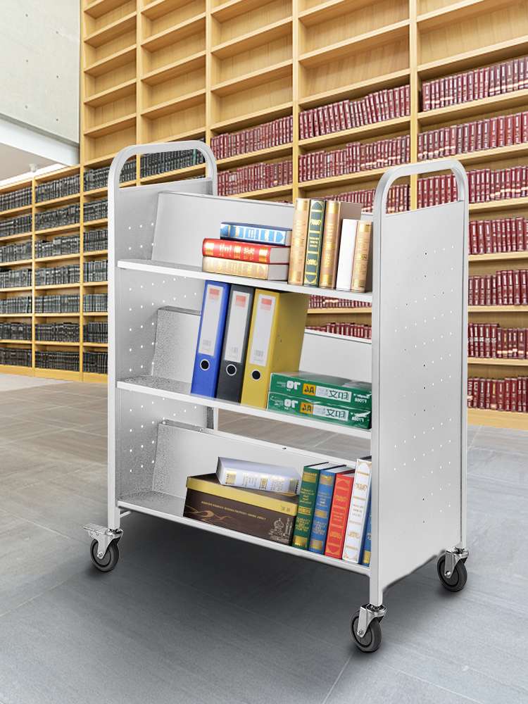 Book Cart Library Cart 200lb with Double Sided W-Shaped Sloped Shelves in White 