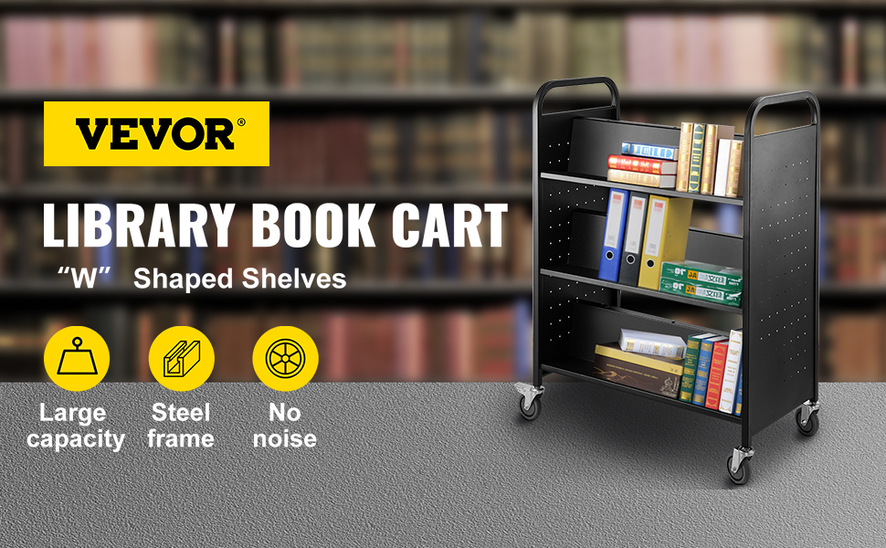 Book Cart Library Cart 200lb with Double Sided W-Shaped Sloped Shelves in Black 