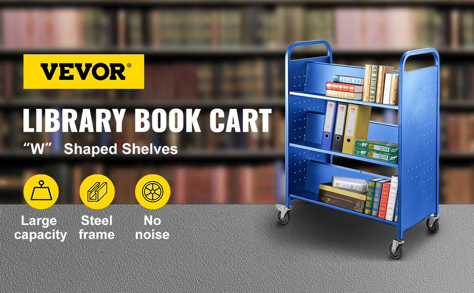 Book Cart Library Cart 200lb with Double Sided W-Shaped Sloped Shelves in Blue