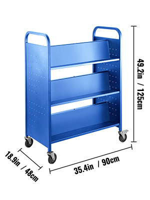 Book Cart Library Cart 200lb with Double Sided W-Shaped Sloped Shelves in Blue