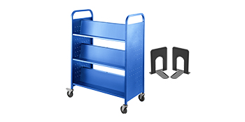 Book Cart Library Cart 200lb with Double Sided W-Shaped Sloped Shelves in Blue