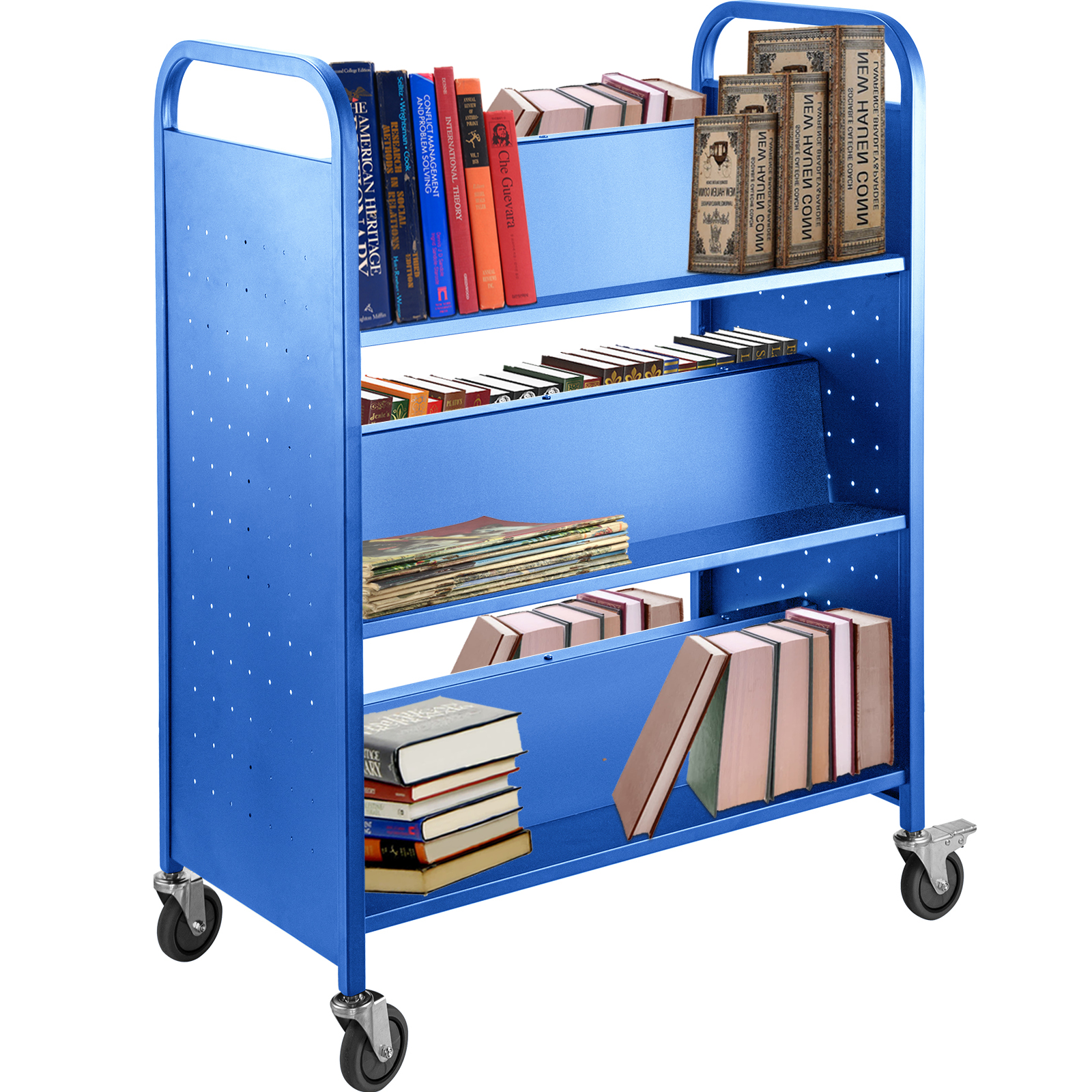 Aislar límite Oriental VEVOR Carrito para libros Carrito para biblioteca de 200 lb con estantes  inclinados en forma de W de doble cara en azul | VEVOR US