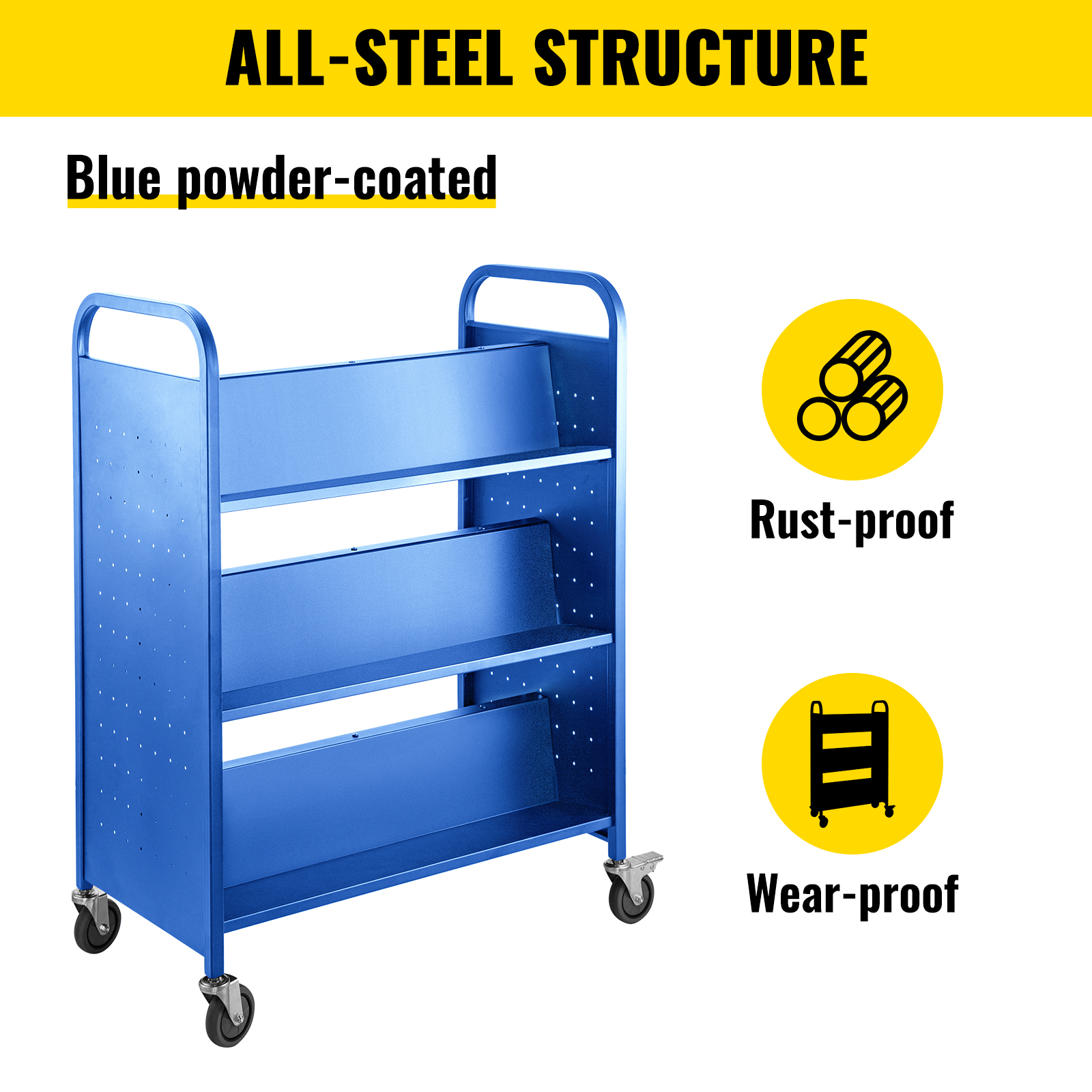Book Cart Library Cart 200lb with Double Sided W-Shaped Sloped Shelves in Blue