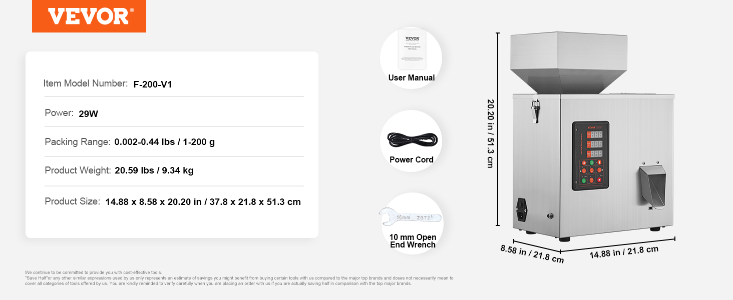 VEVOR Práškový plniaci stroj, 0,002-0,44 lbs/1-200 g, Automatická inteligentná váha na váženie častíc, Zásobník na prášok do vrecúšok do fliaš pre čajové semienka Zrná Prášok Múka Fazuľa Trblietky