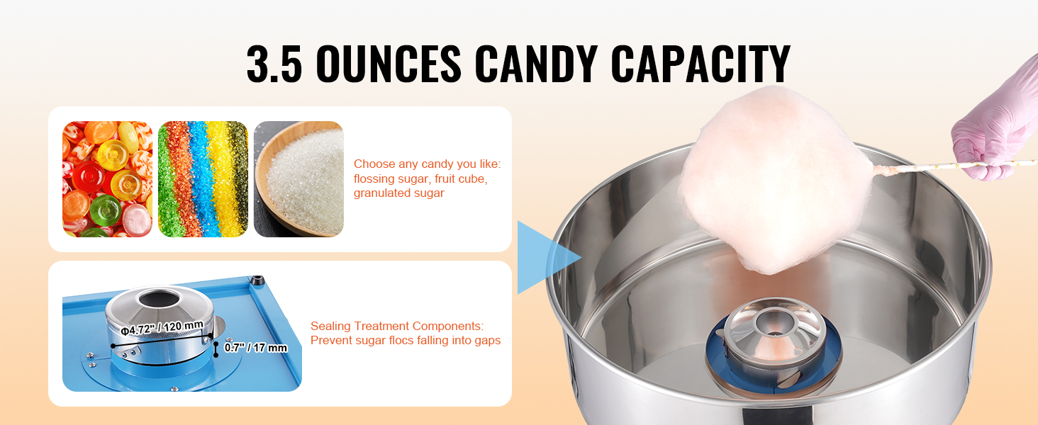 VEVOR cotton candy machine with 3.5oz capacity, compatible with various types of sugar.