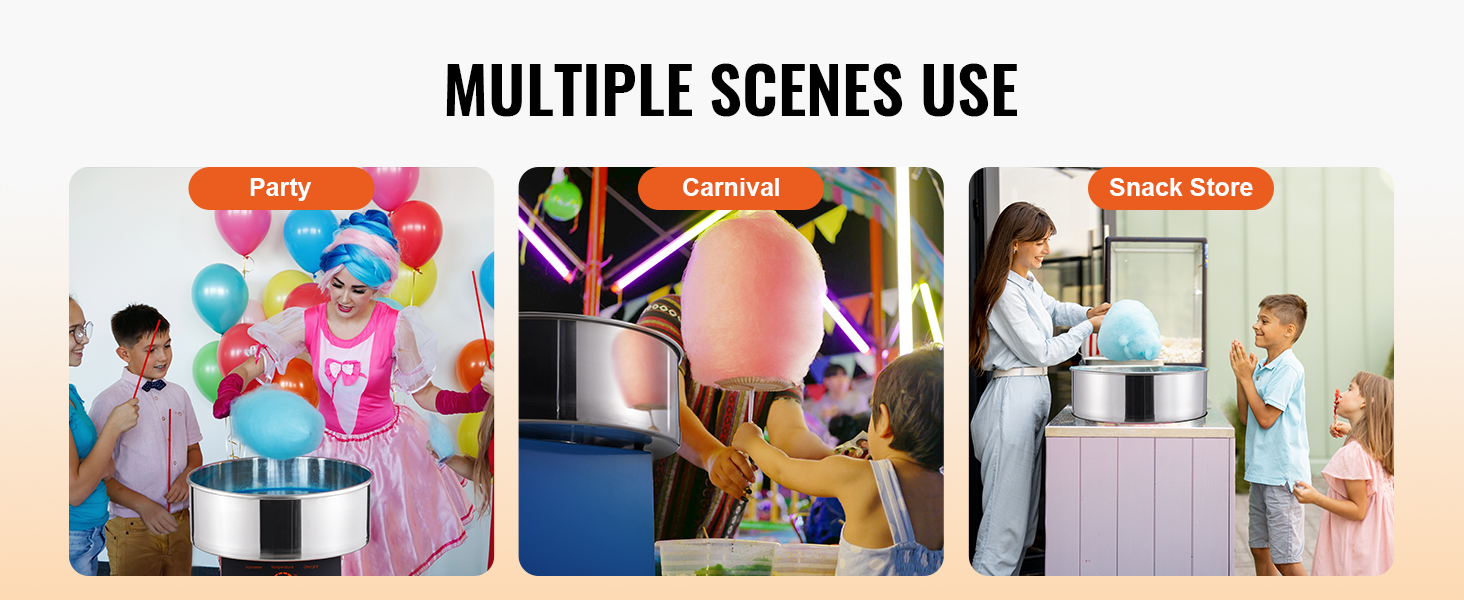 VEVOR cotton candy machine for parties, carnivals and food stalls with colorful balloons and lights.