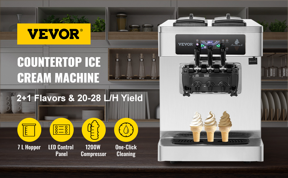 VEVOR Commercial Ice Cream Machine, 10-20L/H Yield, 1000W Countertop Soft  Serve Maker with 4.5L Hopper 1.6L Cylinder Touch Screen Puffing Shortage