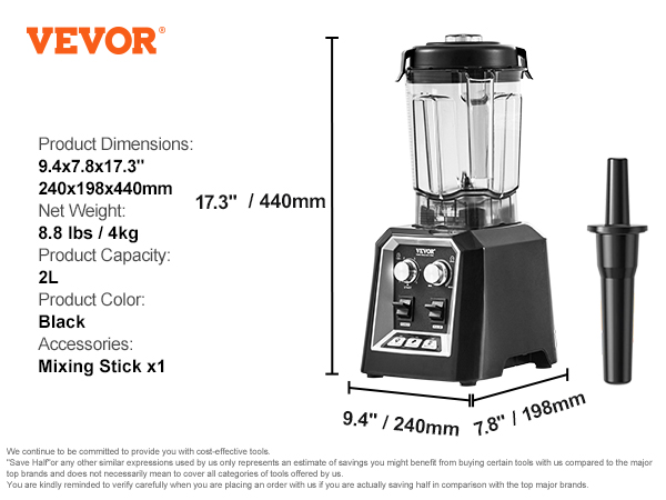 VEVOR Commercial Countertop Blenders, 68 oz. Glass Jar Blender Combo