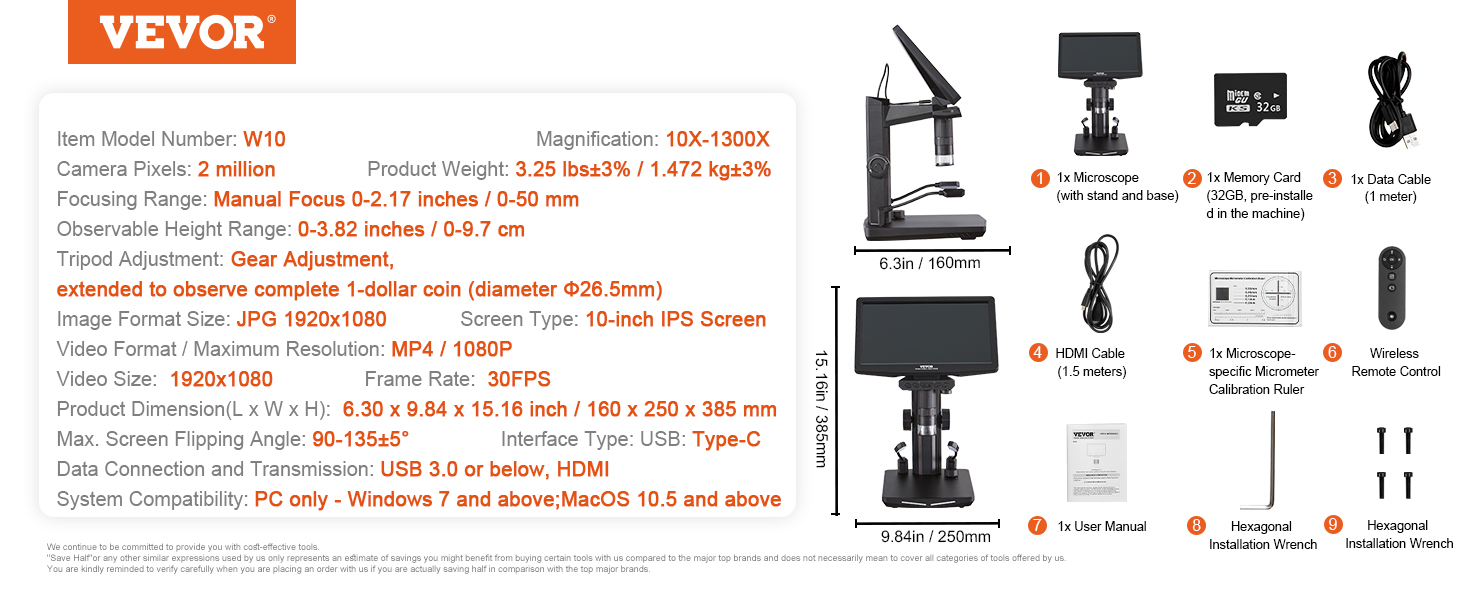 VEVOR Microscope Numérique USB HDMI Endoscope de Grossissement 10X-1300X  avec Écran 10,1 pouces 8 LED Fonctions Photo & Vidéo Compatible avec  Windows 7/8,1/10 MacOS 10,5 Connecté au Moniteur TV Labo