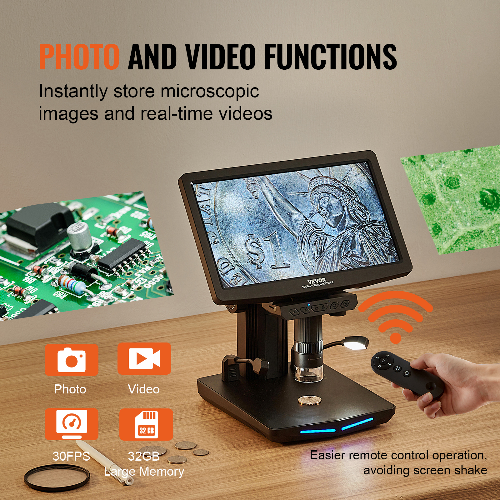 VEVOR Digital Microscope Coin Microscope 4.3/10 in Screen 50-1000X Magnification