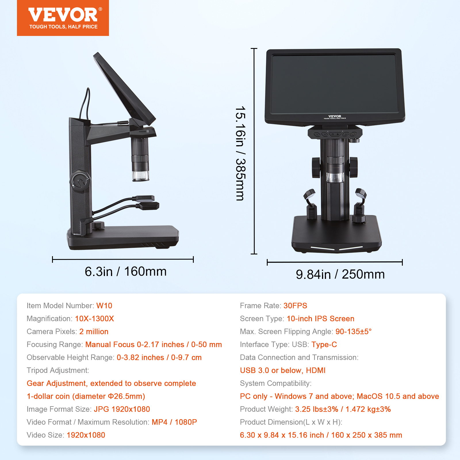 VEVOR Digital Microscope Coin Microscope 4.3/10 in Screen 50-1000X Magnification