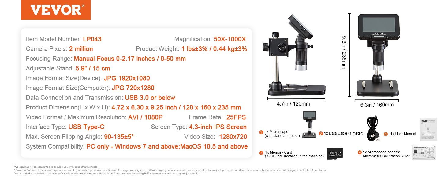 Microscope numérique, microscope à pièces, 4,3 po/11 cm
