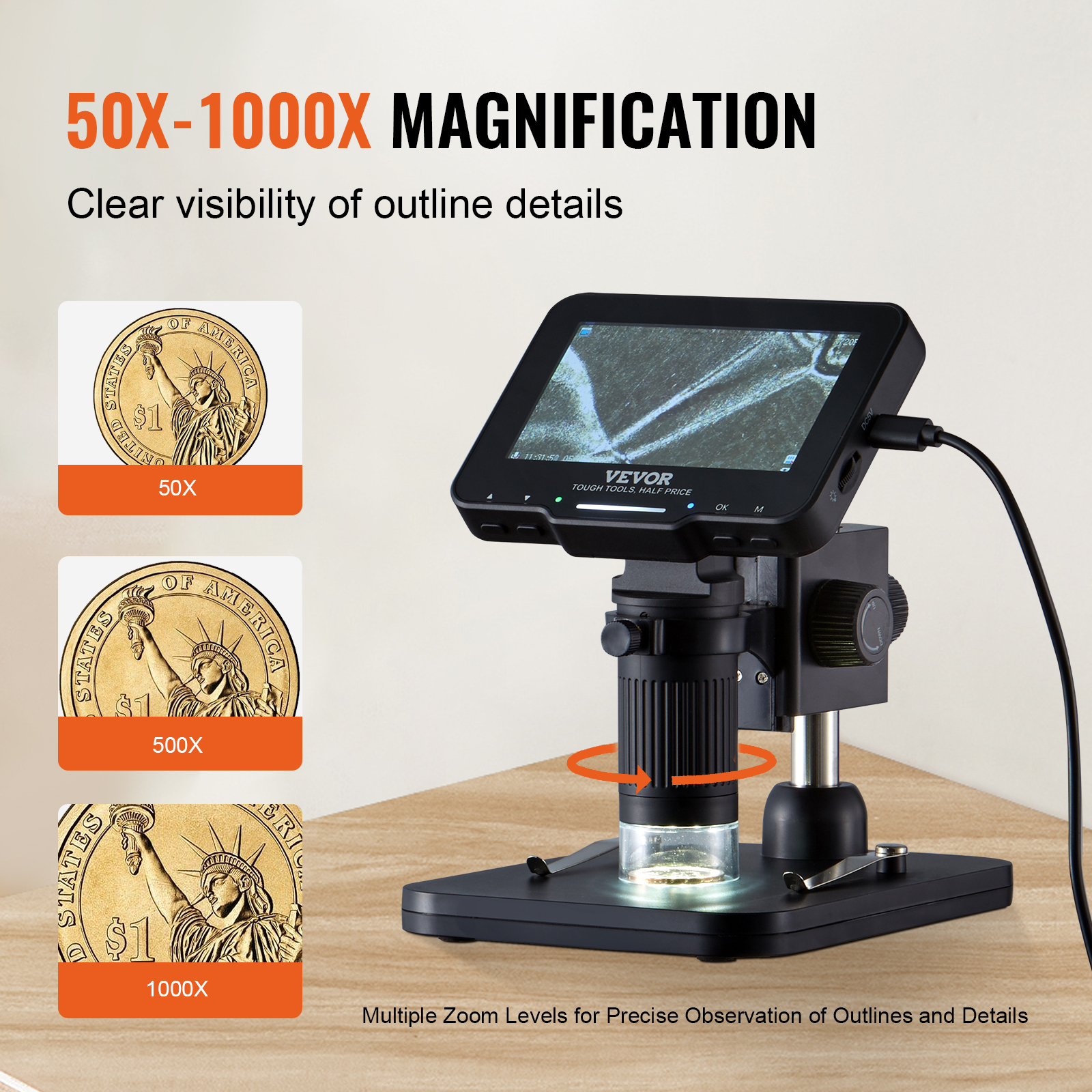 VEVOR Digital Microscope Coin Microscope 4.3/10 in Screen 50-1000X Magnification