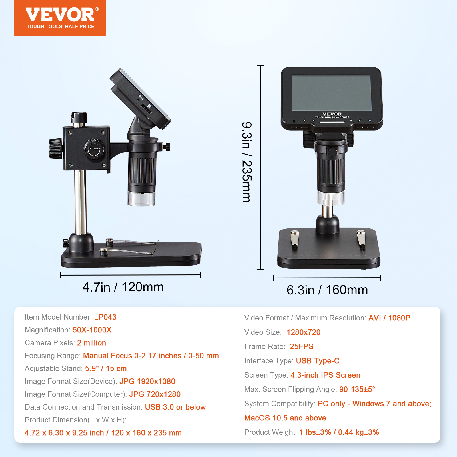 VEVOR Digital Microscope Coin Microscope 4.3/10 in Screen 50-1000X Magnification