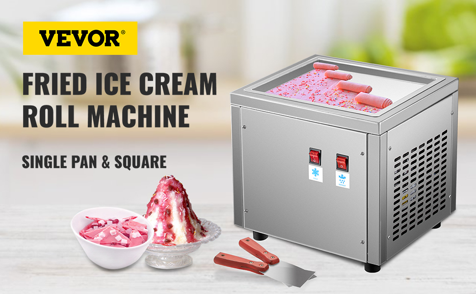 VEVOR Fried Ice Cream Maker 2 Pots Roll Ice Cream Machine Defrost 304 SUS 1800W 