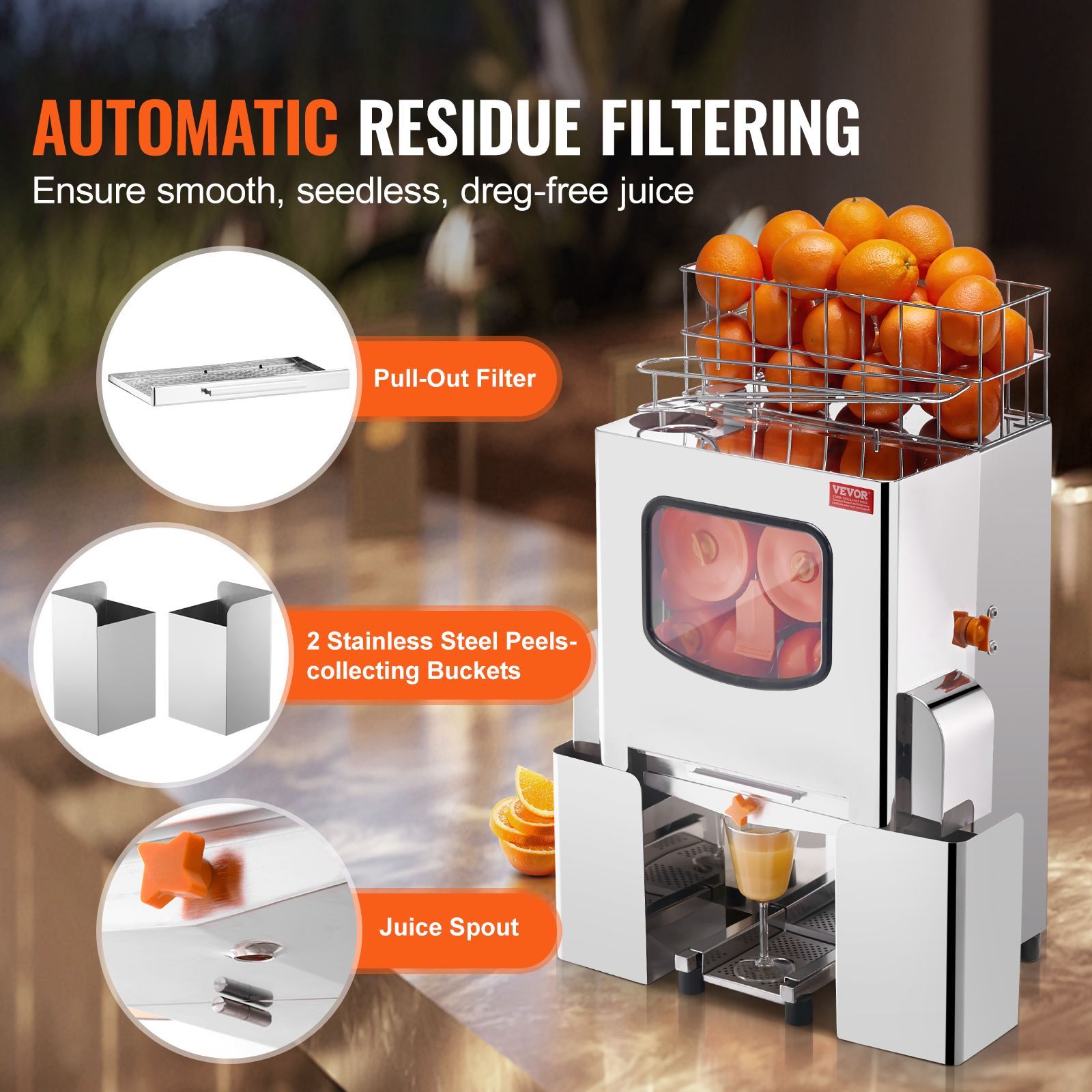VEVOR Commercial Orange Juicer Machine 120W Juice Squeezer Extractor Filter Box - Picture 42 of 62