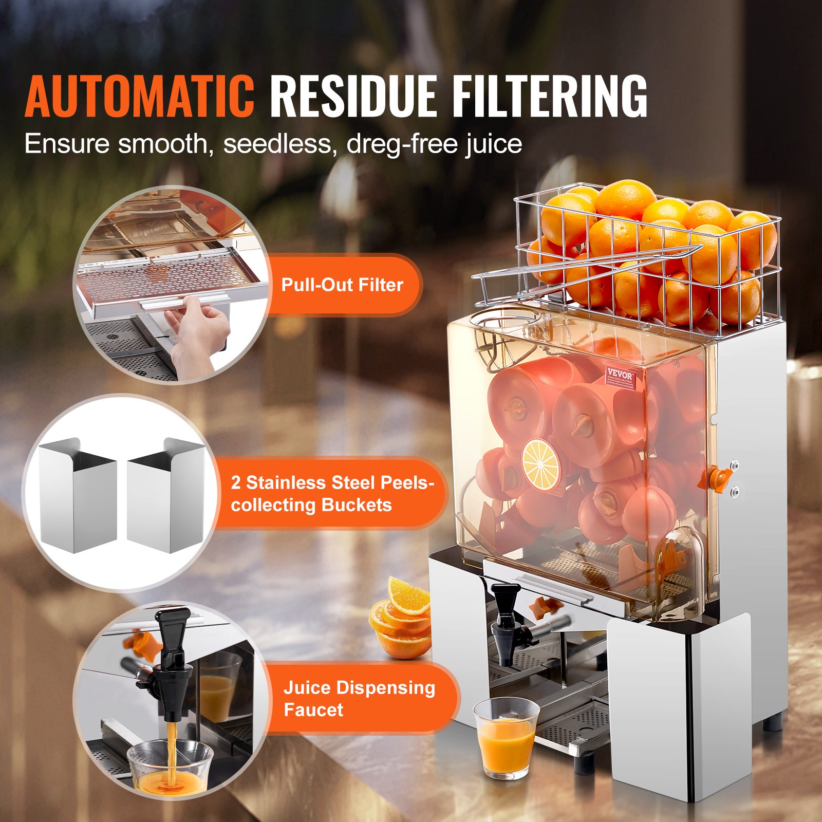 VEVOR Commercial Orange Juicer Machine 120W Juice Squeezer Extractor Filter Box - Picture 18 of 62