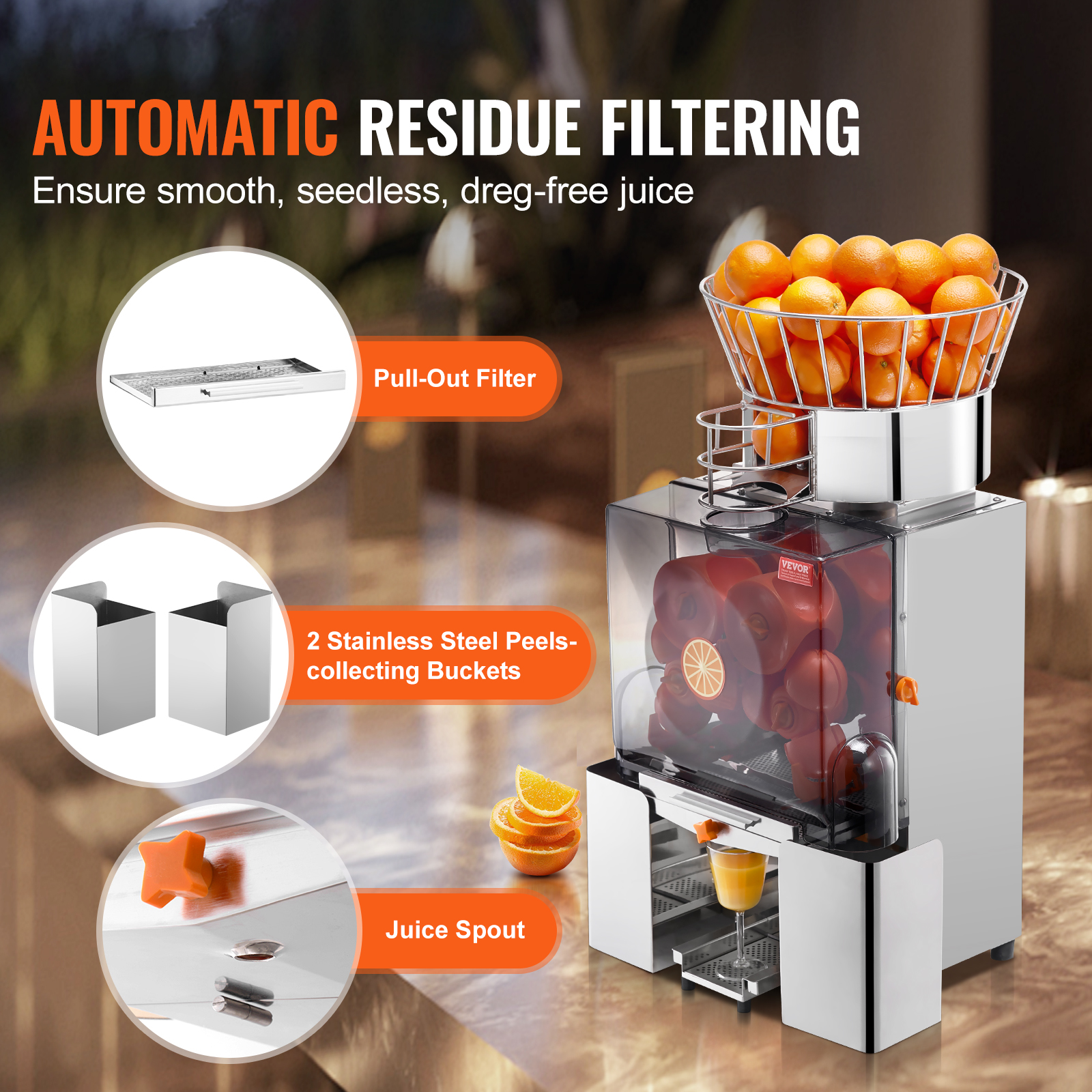 VEVOR Commercial Orange Juicer Machine 120W Juice Squeezer Extractor Filter Box - Picture 30 of 62