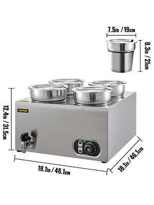 VEVOR 110V Commercial Food Warmer 16.8 Qt Capacity, 1500W Electric Soup Warmer Adjustable Temp.86-185℉, Stainless Steel Countertop Soup Pot with Tap, Bain Marie Food Warmer for Cheese/Hot Dog/Rice